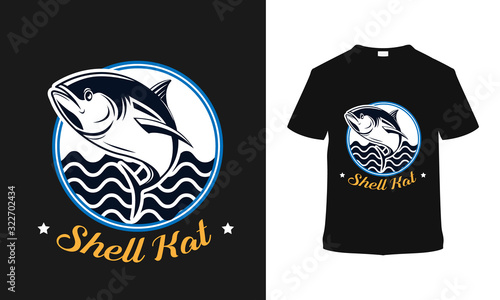 Photographie Shell Kat Fishing t shirt Design, template, vector, vintage, apparel, retro, emblems