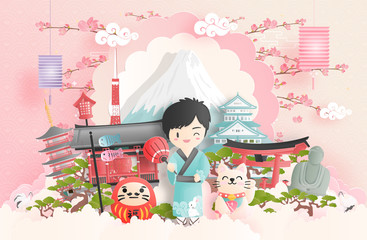 Wall Mural - Travel concept with a boy travel to Japan with Japanese landmark. Paper cut. 