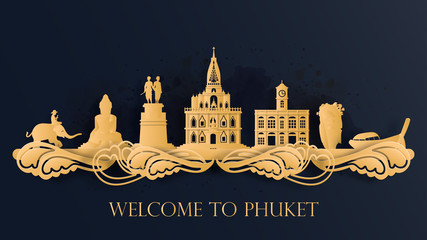 Fototapete - Watercolor of Phuket, Thailand silhouette skyline and famous landmark. vector illustration.