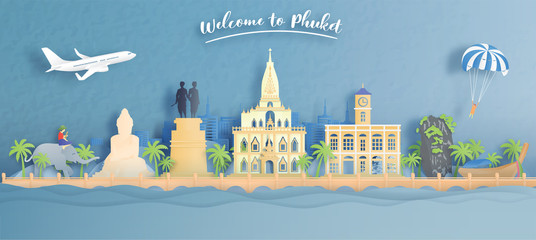 Fototapete - Welcome to Phuket, Thailand travel concept with world famous landmarks of Thailand in paper cut style vector illustration.