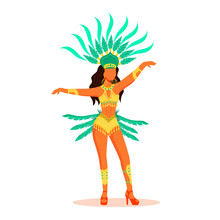 Lady In Body Adornment And Carnival Clothing Flat Color Vector Faceless Character. Standing Woman In Green Crown With Plumage Isolated Cartoon Illustration For Web Graphic Design And Animation