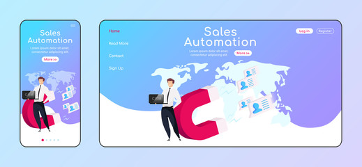 Wall Mural - sales automation adaptive landing page flat color vector template. customer relationship management 