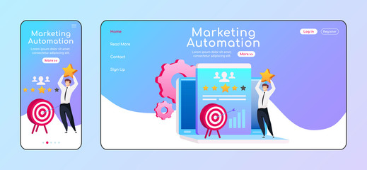 Wall Mural - marketing automation adaptive landing page flat color vector template. smiling male with star mobile