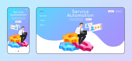 Wall Mural - service automation adaptive landing page flat color vector template. male sitting on cogwheels mobil