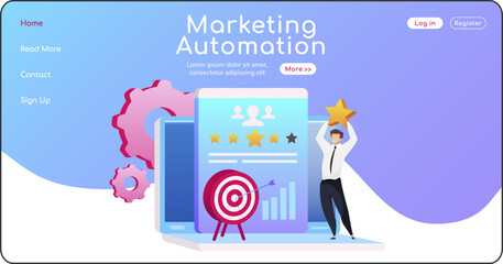 Wall Mural - marketing automation landing page flat color vector template. man keeps star homepage layout. arrow 