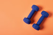 © alexburakov12 - Blue dumbbells Isolated on orange background. Top view. Copy space.