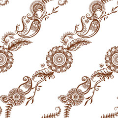 Wall Mural - Eastern ethnic style compositions, mehendi, traditional indian henna floral ornament. Seamless pattern, background. Vector illustration.