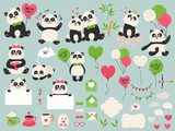Fototapeta Dinusie - Big set with cute panda bears, balloons and other items