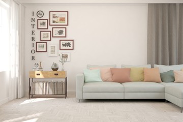 Stylish room in white color with sofa. Scandinavian interior design. 3D illustration