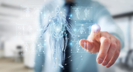 Leinwandbilder - Man using digital x-ray human body holographic scan projection 3D rendering