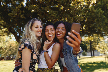 Canvas Print - Close-up portrait of happy multiracial smiling group of young woman taking selfie on mobile phone in the park - group of friends laughing and having fun