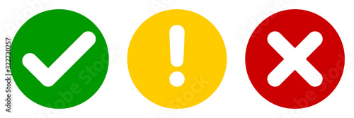 Fotografía Set of flat round check mark, exclamation point, X mark icons, buttons isolated on a white background