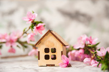 Small Wooden Cabin Close-up And Copy Space. Miniature House, Flowering Branch In The Spring. The Concept Of Rush, Purchase, Exchange, Home Return And Time.