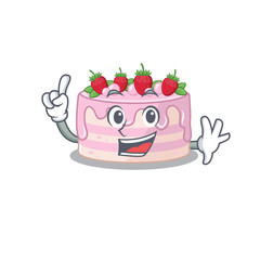 Sticker - mascot cartoon concept strawberry cake in One Finger gesture