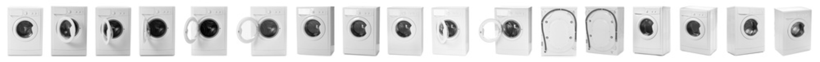 Set with modern washing machines on white background. Banner design