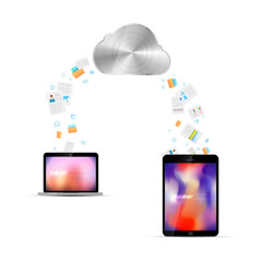 Wall Mural - File transfer between tablet and desktop via cloud service, technology illustration isolated on white