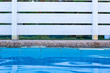 © Артём Князь - soft focus concept swimming pool side water surface and garden white wooden deck wall background object outside space for copy or your text here