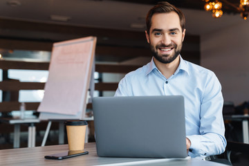 Poster - Portrait of young businessman using laptop while working in office