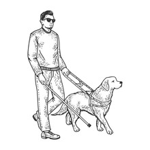 Blind Man And Guide Dog Sketch Engraving Vector Illustration. T-shirt Apparel Print Design. Scratch Board Imitation. Black And White Hand Drawn Image.