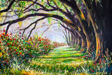 Glade In A Fabulous Sunny Forest With Large Giants Trees And Beautiful Bushes Of Lush Flowers - Acrylic, Oil Painting To Illustrate Fairy Tales For Children