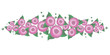 A border with simple pink flowers, leaves and dots, white background, clipart