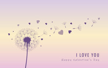Dandelion Silhouette With Flying Seeds And Hearts For Valentines Day Vector Illustration EPS10