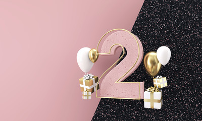 Happy 2nd birthday party celebration. Modern marble composition 3D Render