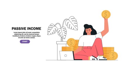 Flat cartoon vector illustration young girl sitting with laptop earning money online next to stacks of gold coins. Passive income, investment, finance savings, freelance, distant work for banner.