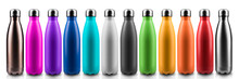Colorful Reusable Stainless Thermo Bottles For Water Or Another Liquid With Closed Cap. Steel Eco Bottle. Plastic Free. Isolated On White Background.