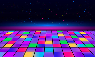 banner for printing night disco parties. retro vintage neon grid dance floor horizon 80s and 90s