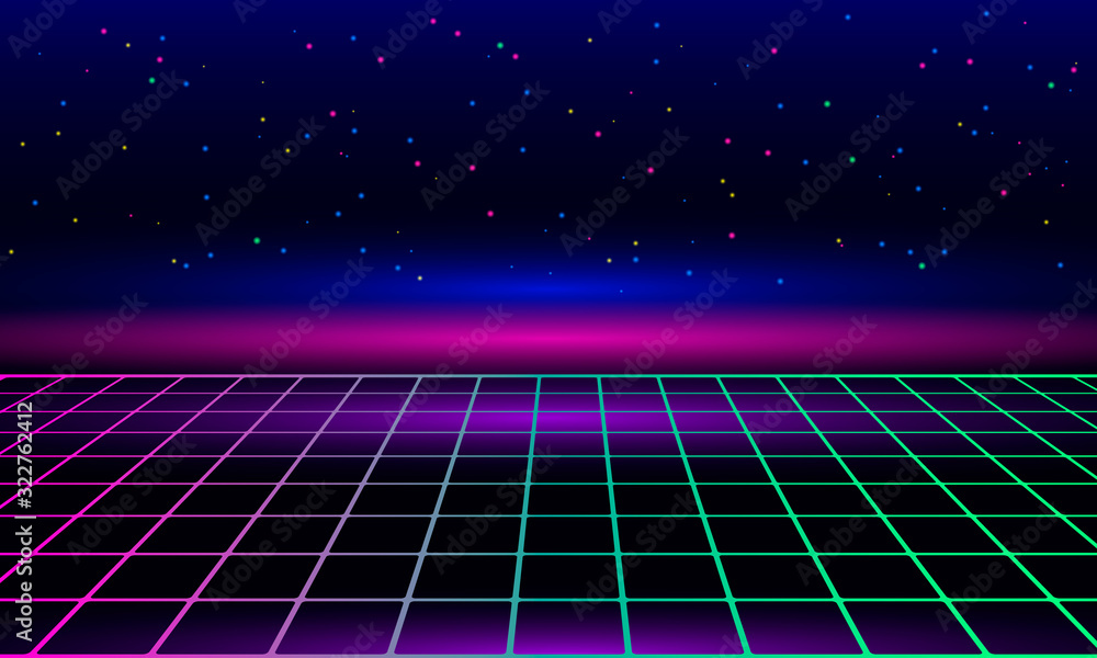 Retro vintage neon grid horizon of the 80s and 90s. Banner for printing night disco parties. - obrazy, fototapety, plakaty 