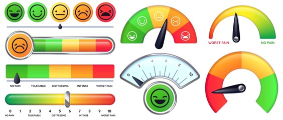 pain scale meter. smile and sad emotion measure, no pain and worst pain scales vector set. collectio