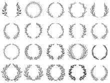 Ornamental Branch Wreathes. Laurel Leafs Wreath, Olive Branches And Round Floral Ornament Frames Vector Set. Bundle Of Victory Or Triumph Symbols, Natural Decorative Design Elements With Bay Foliage.