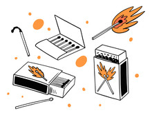 Matches In Different Box, Burning And Extinct Match. Hand Drawn Vector Illustration In Cartoon Syle.