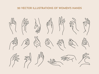 a set of icons women's hands in a trendy minimal linear style. vector illustration of female hands w