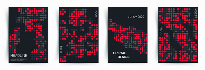 Set of covers. Minimal abstract design in the matrix style with red and gray chaotic dots on black background. This is design for book, cover, leaflet and other ideas. Eps 10