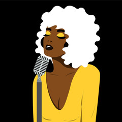 Girl with pop art style sings in blues style. Bright color illustration of a girl