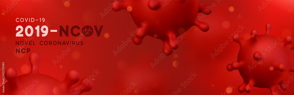 Novel Coronavirus (2019-nCoV). Virus Covid 19-NCP. Coronavirus nCoV denoted is single-stranded RNA virus. Background with realistic 3d red virus cells. Horizontal banner, poster, header for website. - obrazy, fototapety, plakaty 