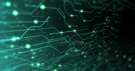 Abstract digital city. Digital Circuit board, Motherboard, Digital chip. Digitalization of Information: IT, IOT, Server, Data Center. Animated Visualization of Network Data. 3D render