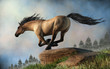 A grulla coated horse gallops over rocky green hills through the springtime morning mists. 3D Rendering