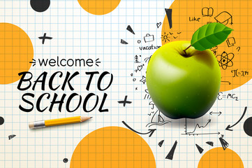 Wall Mural - Back to School, poster and web banner with realistic green apple, and doodles on checkered paper . Template for retail marketing promotion and education related. Vector illustration.