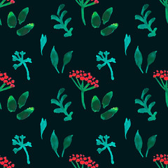 Seamless watercolor botanical pattern. colored plants on a black background