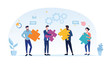 © Rudzhan - Teamwork concept with a group of business colleagues holding different jigsaw puzzle pieces needed to solve a problem by cooperation, vector illustration on white