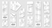Set Of Paper Receipts Isolated On Transparent Background. Realistic Paper Receipt, Check And Payment Bill Printed On Rolled And Curved Thermal Paper