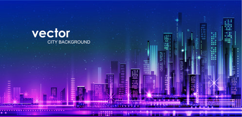 Vector night city illustration with neon glow and vivid colors.