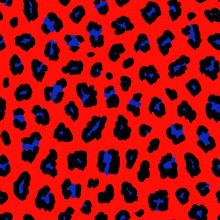 Leopard Print Pattern. Vector Seamless Background. Animal Skin Texture In Retro 1980s - 1990s Fashion Style, Trendy Neon Colors, Red, Blue And Black. Vibrant Pop Art Pattern. Bright Repeat Design 