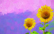 Beautiful sunflowers on light purple and pink gradients background. Minimal summer concept.- oil painting