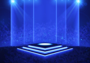 Illuminated stage with scenic lights and smoke. Blue vector spotlight with smoke volume light effect on black background. Stadium cloudiness projector. Mist show room. Vector. EPS 10