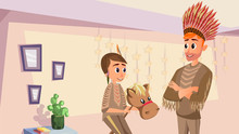 Cartoon Girl In Native American Costume With Stick Toy Horse. Man In Ethnic Clothing Headdress Vector Illustration. Daughter Father Play Game Indoors. Super Dad Happy Childhood. Room Interior