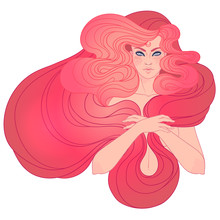 Red Riding Hood. Portrait Of Pretty Young Woman View With Long Beautiful Red Hair And Scarf. Vector Illustration. Fantasy, Spirituality, Occultism, Tattoo. Art Nouveau Inspired.